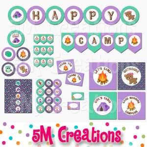 Girl Camping Birthday Party Printable Decorations - Instant Download