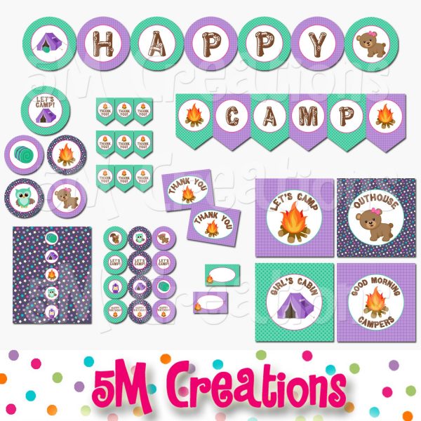 Girl Camping Birthday Party Printable Decorations - Instant Download