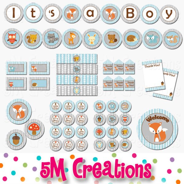 Fox Baby Shower Printable Decorations - Woodland Animal Baby Shower - Instant Download