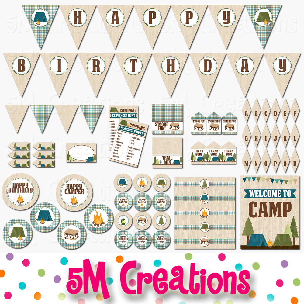 Camping Birthday Party Printable Decorations Instant Download