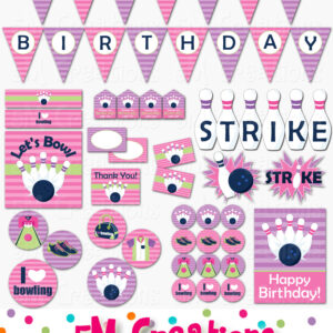 Girl Bowling Birthday Party Printable Decorations - Instant Download