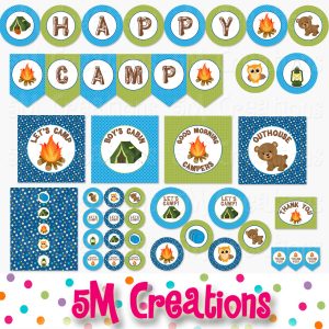 Boy Camping Birthday Party Printable Decorations - Instant Download
