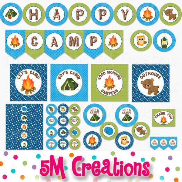 Boy Camping Birthday Party Printable Decorations - Instant Download