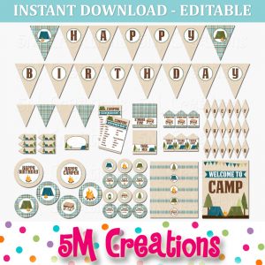 Camping Birthday Party Printable Decorations - Editable Instant Download