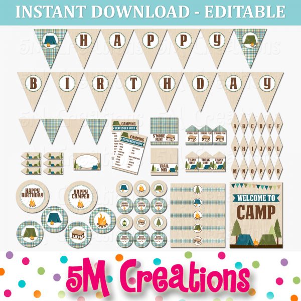 Camping Birthday Party Printable Decorations - Editable Instant Download