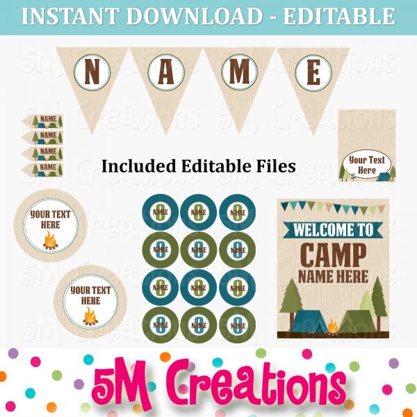 Camping Birthday Party Printable Decorations - Editable Instant Download - Image 2