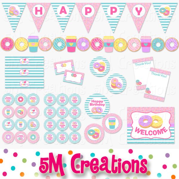 Donuts and Pajamas Birthday Party Printable Decorations - Instant Download