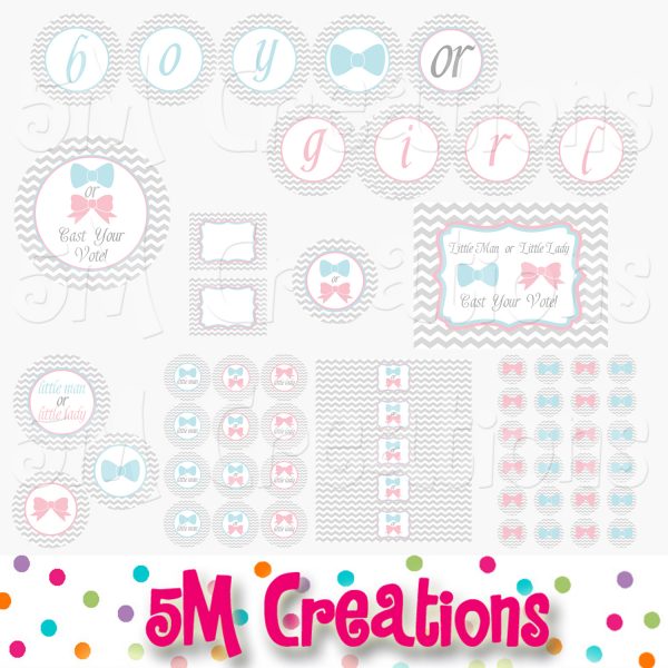 Gender Reveal Baby Shower Printable Decorations - Little Man Little Lady Party - Instant Download
