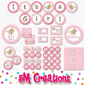 Monkey Baby Shower Printable Decorations - Girl Baby Shower - Instant Download