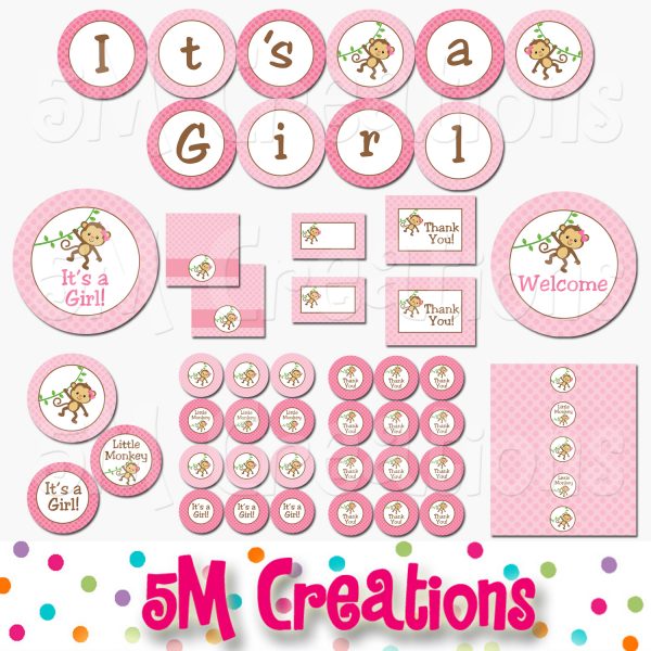 Monkey Baby Shower Printable Decorations - Girl Baby Shower - Instant Download
