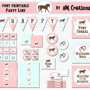 Pony Birthday Party Printable Decorations - Cowgirl Party Pink Aqua - Instant Download