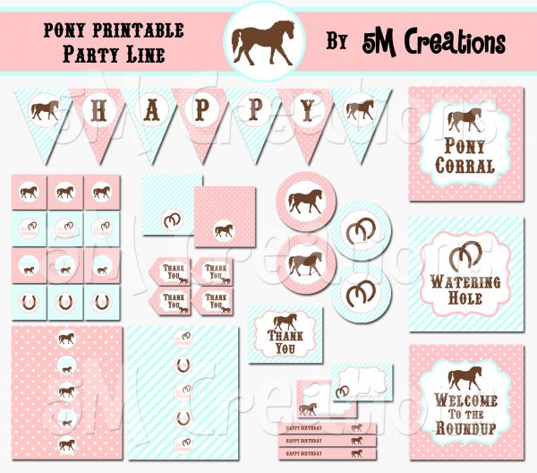 Pony Birthday Party Printable Decorations - Cowgirl Party Pink Aqua - Instant Download