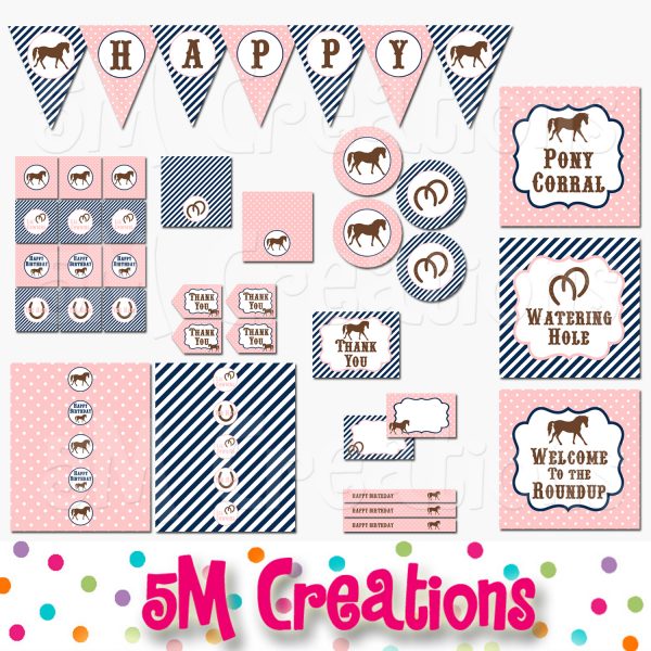 Pony Birthday Party Printable Decorations - Cowgirl Party Pink Navy - Instant Download