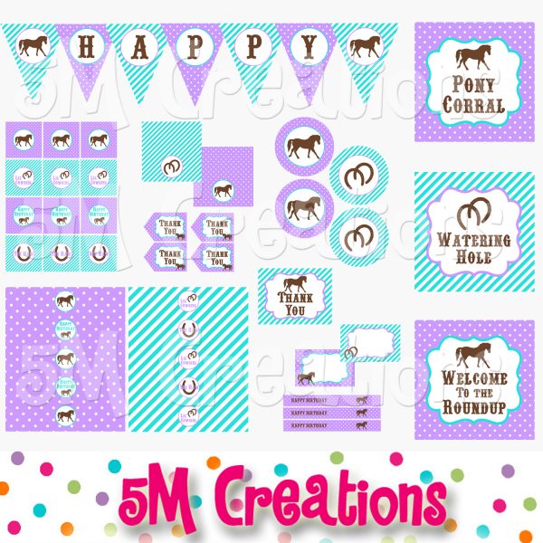 Pony Birthday Party Printable Decorations - Cowgirl Party Purple Turquoise - Instant Download