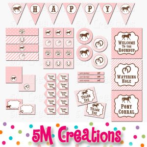 Pony Birthday Party Printable Decorations - Cowgirl Party Pink Brown - Instant Download