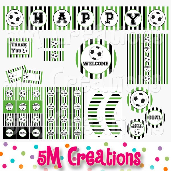 Soccer Birthday Party Printable Decorations Green - Instant Download