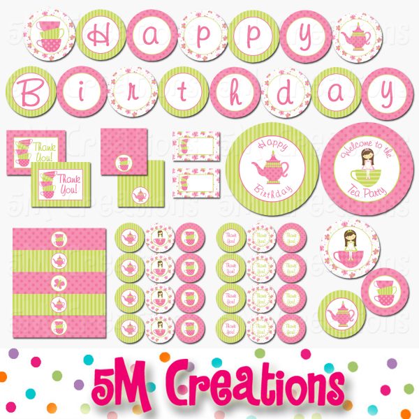 Tea Party Printable Decorations - Pink Green - Instant Download