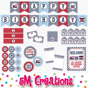 Train Birthday Party Printable Decorations Red - Instant Download