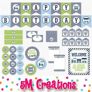 Train Birthday Party Printable Decorations Green - Instant Download