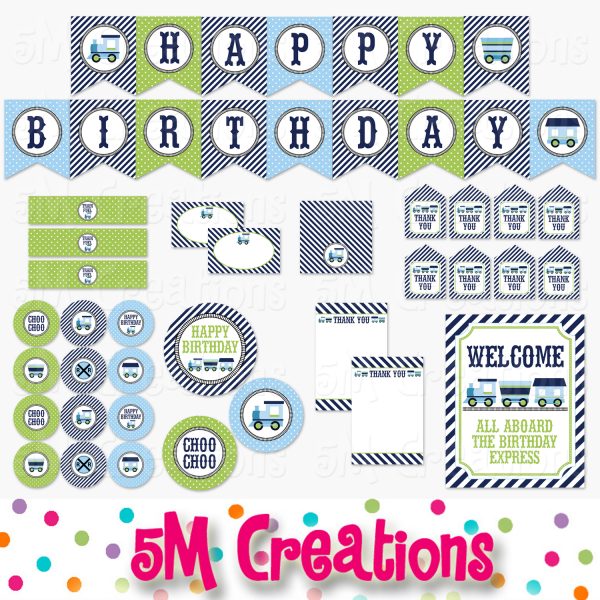 Train Birthday Party Printable Decorations Green - Instant Download