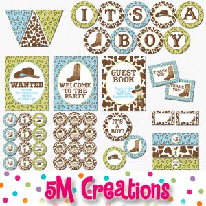 Cowboy Baby Shower Printable Decorations (Green) - Western Party - Instant Download