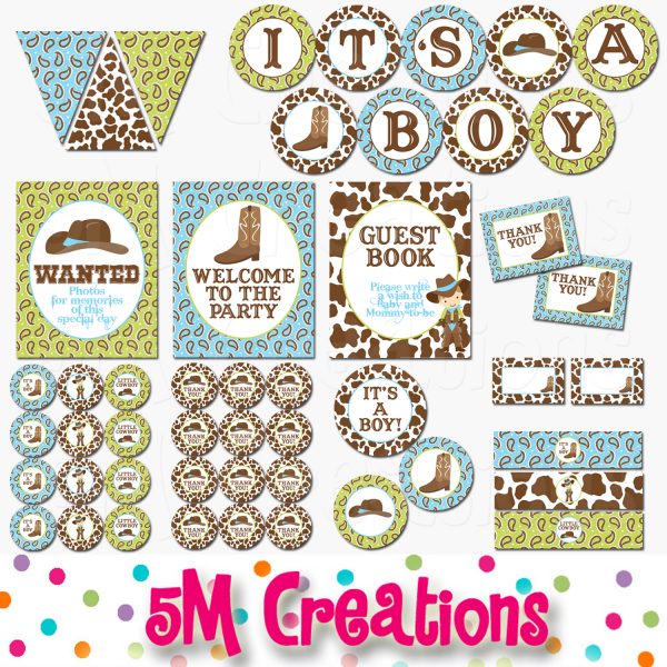 Cowboy Baby Shower Printable Decorations (Green) - Western Party - Instant Download
