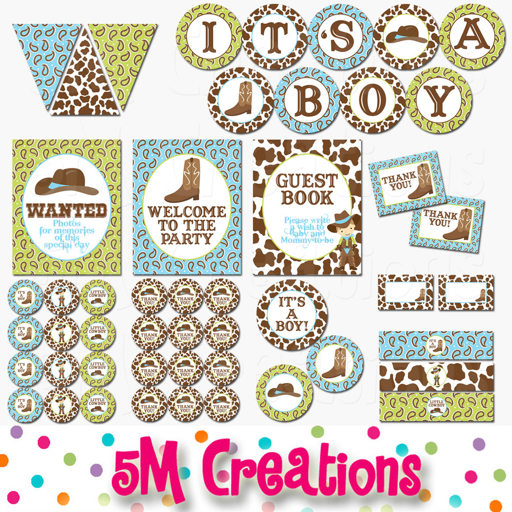 Cowboy Baby Shower Printable Decorations Green Western Party