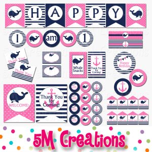 Whale Birthday Party Printable Decorations - Girl Nautical Birthday Party - Instant Download