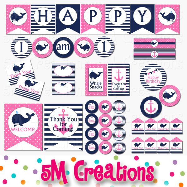 Whale Birthday Party Printable Decorations - Girl Nautical Birthday Party - Instant Download