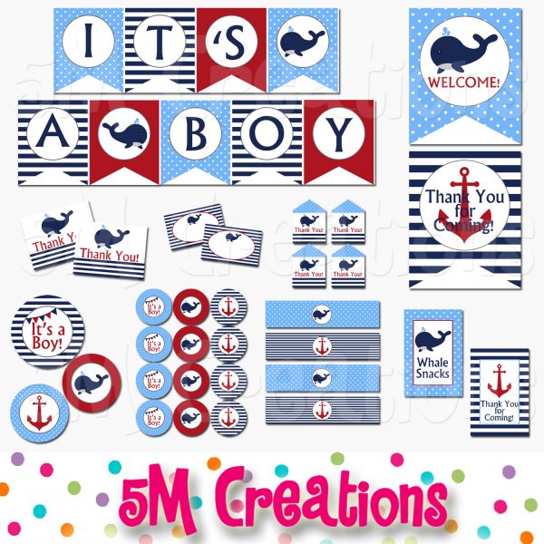 Whale Baby Shower Printable Decorations - Boy Nautical Baby Shower - Instant Download