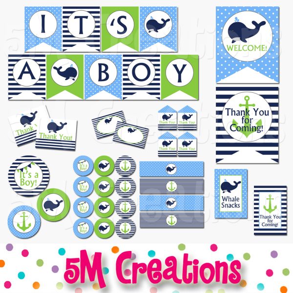 Whale Baby Shower Printable Decorations - Boy Nautical Baby Shower Green- Instant Download