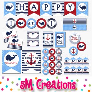 Whale Birthday Party Printable Decorations - Nautical Birthday Party - Instant Download