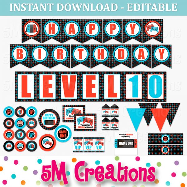 Video Game Birthday Party Printable Decorations - Editable Instant Download