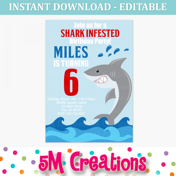 Shark Birthday Party Printable Decorations - Editable Instant Download - Image 4