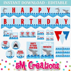 Shark Birthday Party Printable Decorations - Editable Instant Download