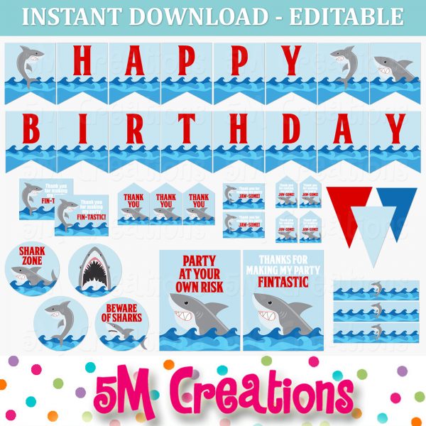 Shark Birthday Party Printable Decorations - Editable Instant Download