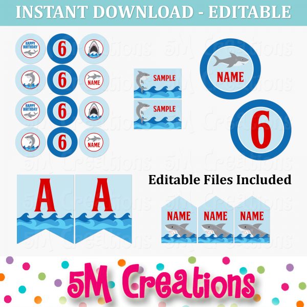 Shark Birthday Party Printable Decorations - Editable Instant Download - Image 2