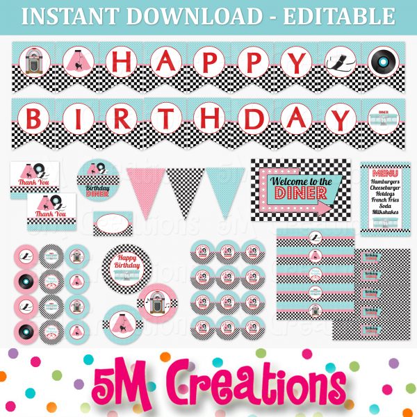 50s Diner Birthday Party Printable Decorations - Editable Instant Download