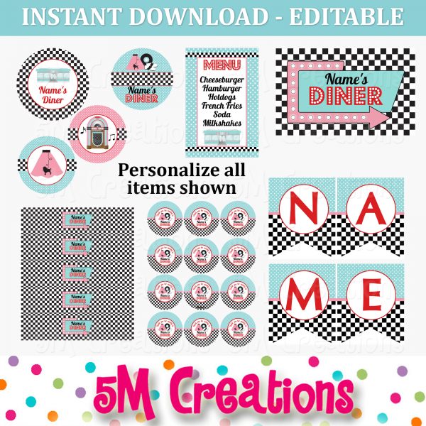 50s Diner Birthday Party Printable Decorations - Editable Instant Download - Image 2