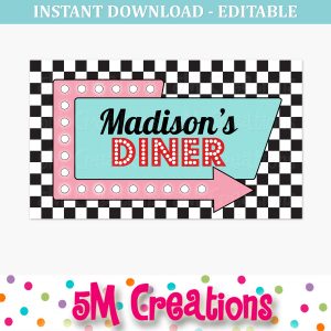 50s Diner Birthday Party Backdrop - Large Sign Editable Printable Poster
