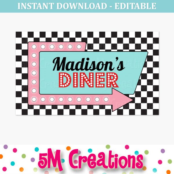 50s Diner Birthday Party Backdrop - Large Sign Editable Printable Poster