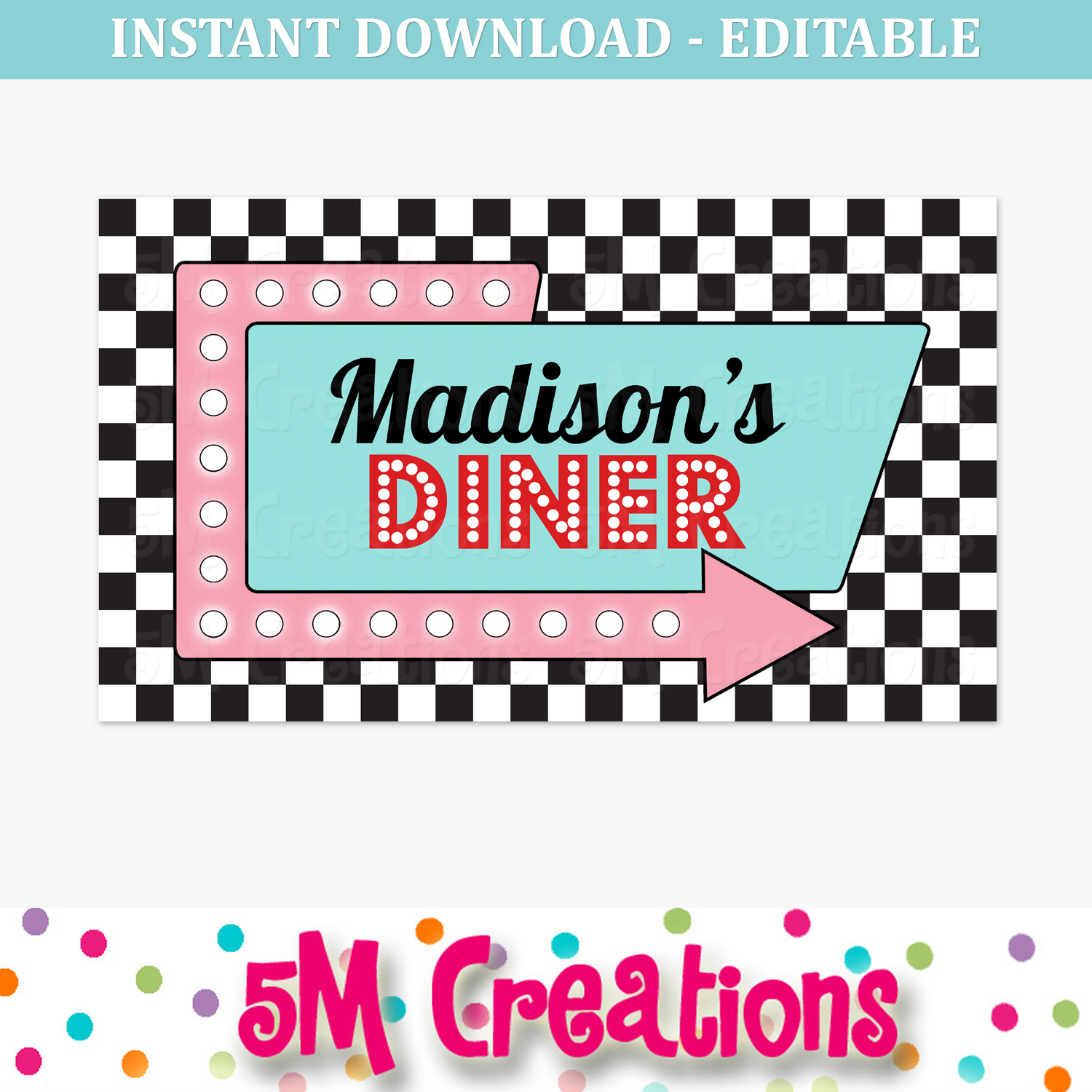 50s Diner Birthday Party Backdrop Large Sign Editable Printable
