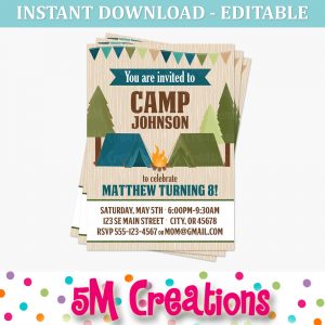 Camping Birthday Party Invitation - Editable Printable Digital File