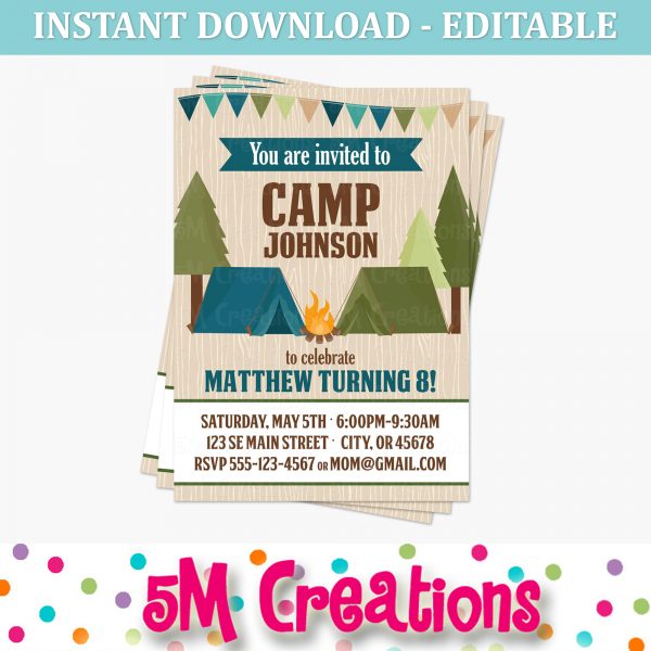 Camping Birthday Party Invitation - Editable Printable Digital File