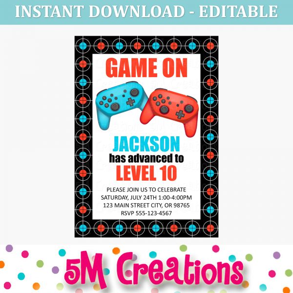 Video Game Birthday Party Invitation - Editable Printable Digital File