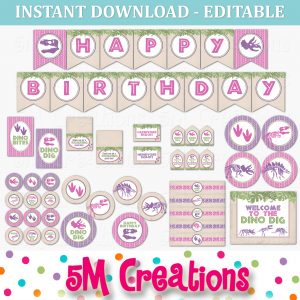 Girl Dinosaur Skeleton Birthday Party Printable Decorations - Editable Instant Download
