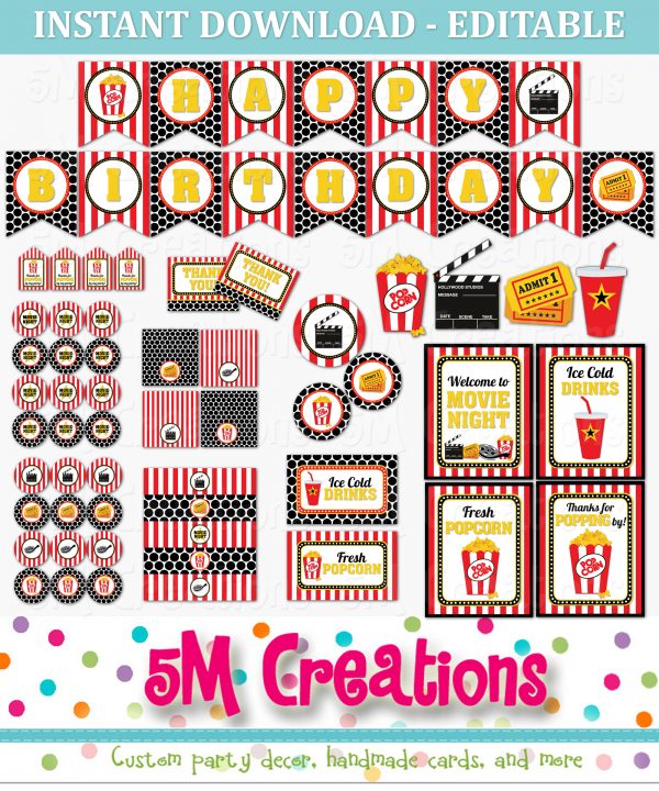 Movie Night Party Printable Decorations - Editable Instant Download