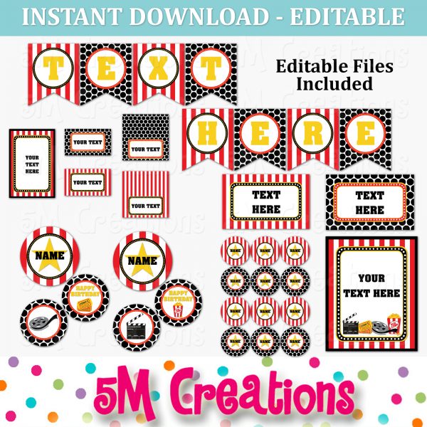 Movie Night Party Printable Decorations - Editable Instant Download - Image 2