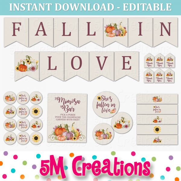 Fall in Love Bridal Shower - Editable Printable Party Decorations