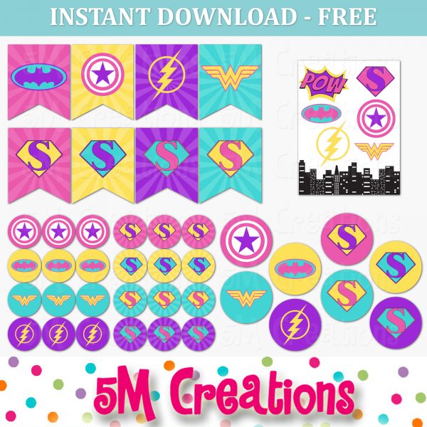FREE Girl Superhero LOGO Birthday Party Printable Decorations - Instant Download